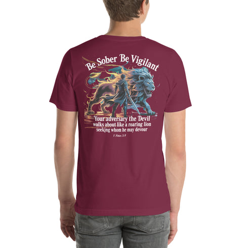 Be Sober Be Vigilant Lion (Back) Christian Bible Verse T-Shirt